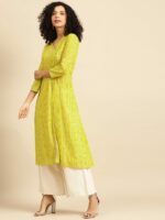 anayna Women Lime Green & Off White Bandhani Screen Print Cotton Angrakha Kurta - Image 3