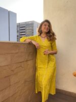 anayna Women Lime Green & Off White Bandhani Screen Print Cotton Angrakha Kurta - Image 6