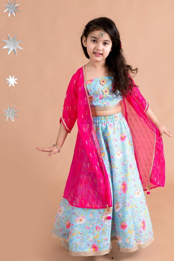 pspeaches Girls Blue & Red Printed Ready to Wear Lehenga Choli