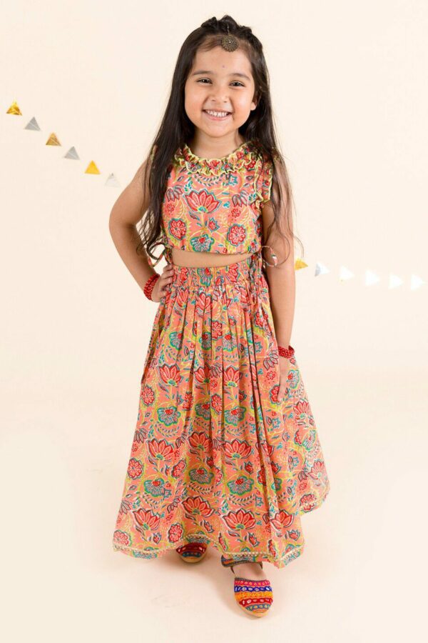 pspeaches Girls Coral & Blue Printed Ready to Wear Cotton Lehenga Choli