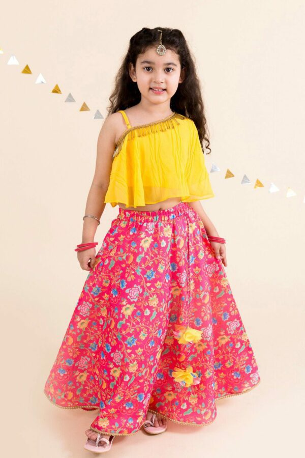 pspeaches Girls Coral & Yellow Ready to Wear Lehenga Choli