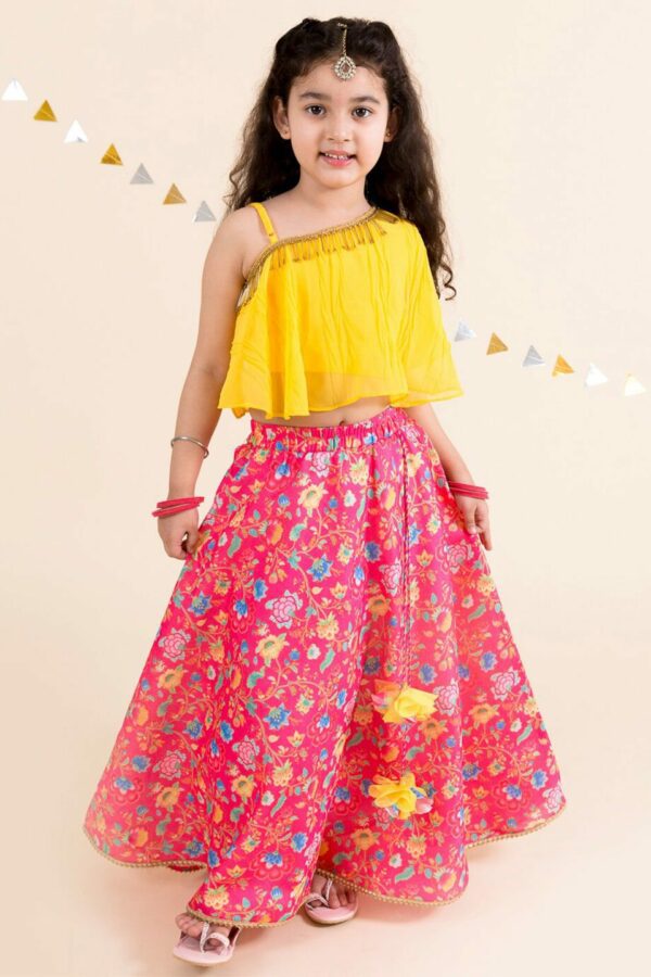 pspeaches Girls Coral & Yellow Ready to Wear Lehenga Choli