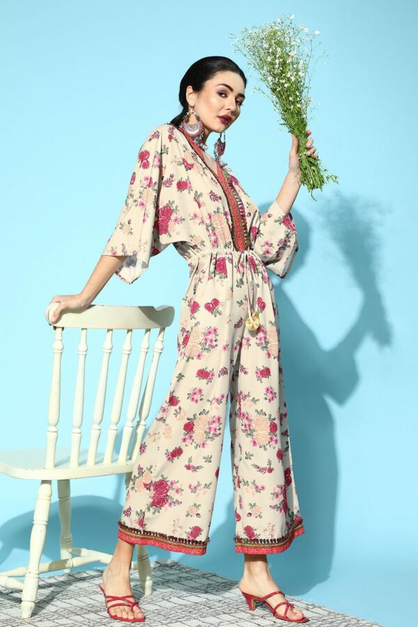 Ahalyaa Women Classy Beige Printed Cinched Waist Jumpsuit