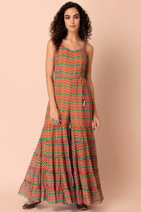INDYA Women Mustard & Green Printed Basic Jumpsuit