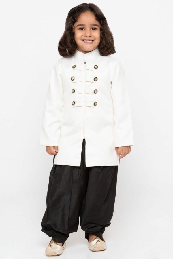 Boy's White & Black Solid Slim-Fit Sherwani Set