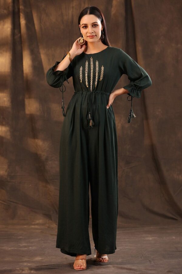 Juniper Green Basic Jumpsuit with Embroidered Detail