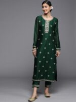 Libas Women Green & White Yoke Design Floral Motifs Straight Kurta - Image 3