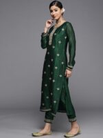 Libas Women Green & White Yoke Design Floral Motifs Straight Kurta - Image 4