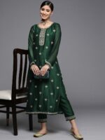 Libas Women Green & White Yoke Design Floral Motifs Straight Kurta - Image 6