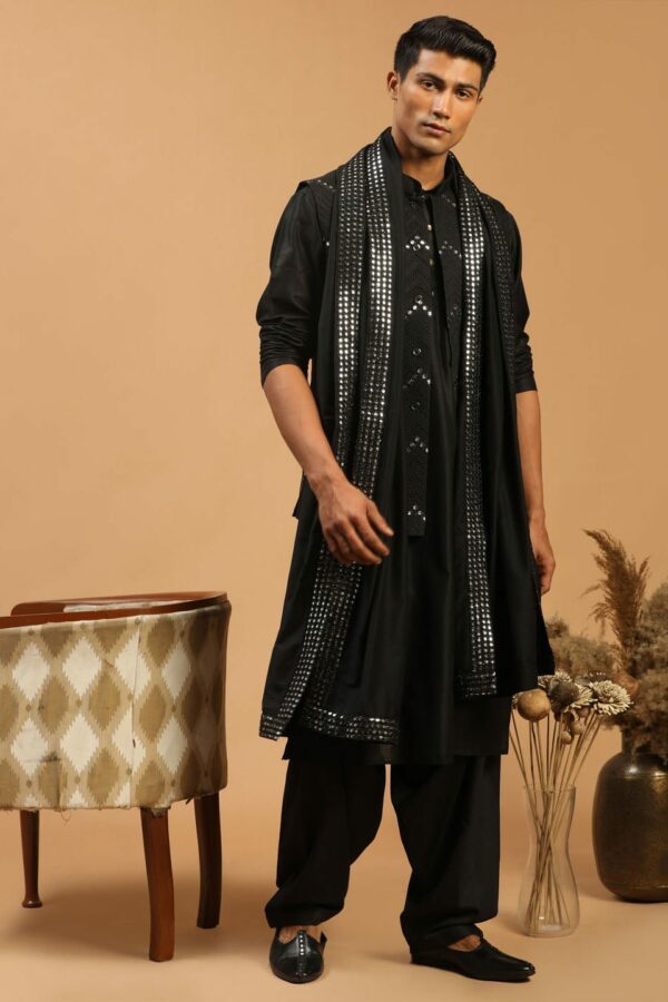 Men's Black Embroidered Mirror Work Jacket With Solid Kurta And Patiala Set Comes With Mirror Dupatta