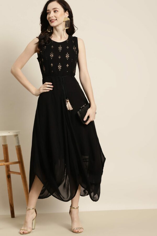 Shae by SASSAFRAS Black & Gold-Coloured Ethnic Motifs Foil Dhoti Dress