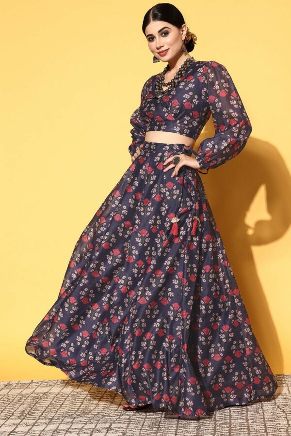 Shae by SASSAFRAS Navy Blue Printed Ready to Wear Lehenga Choli