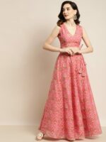 Shae by SASSAFRAS Peach-Coloured & Olive Green Printed Fusion Lehenga Choli