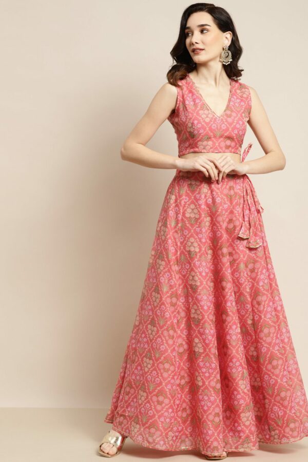 Shae by SASSAFRAS Peach-Coloured & Olive Green Printed Fusion Lehenga Choli