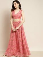 Shae by SASSAFRAS Peach-Coloured & Olive Green Printed Fusion Lehenga Choli - Image 4