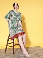 Shae by SASSAFRAS Sea Green Floral Print Velvet Kaftan Ethnic Dress - Image 3