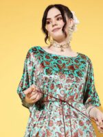 Shae by SASSAFRAS Sea Green Floral Print Velvet Kaftan Ethnic Dress - Image 4