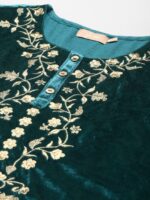 Shae by SASSAFRAS Women Teal Green & Gold-Toned Floral Embroidered Velvet Kurta - Image 2