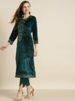 Shae by SASSAFRAS Women Teal Green & Gold-Toned Floral Embroidered Velvet Kurta - Image 3