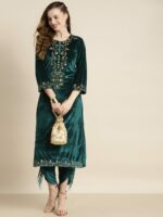 Shae by SASSAFRAS Women Teal Green & Gold-Toned Floral Embroidered Velvet Kurta - Image 5