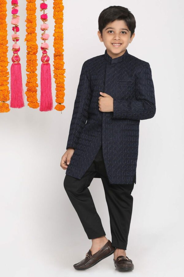 Boys Navy Blue Embellished Slim-Fit Sherwani Set
