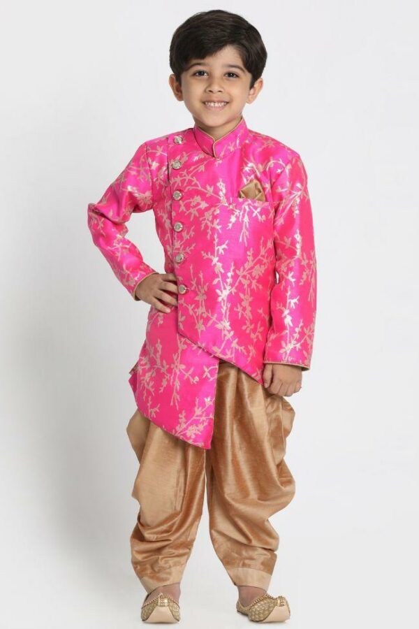 Boys' Pink Cotton Silk Blend Kurta and Dhoti Set