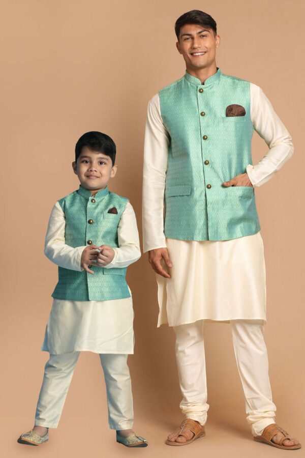 Green Woven Jacket With Cream Kurta and Pyjama Baap Beta Set