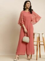 Shae by SASSAFRAS Women Rust Foil Print Flared Sleeve Jumpsuit