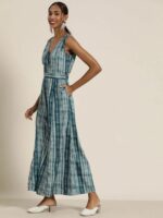 Shae by SASSAFRAS Women Teal Shibori Sleeveless Wrap Jumpsuit