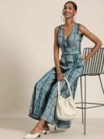 Shae by SASSAFRAS Women Teal Shibori Sleeveless Wrap Jumpsuit - Image 2