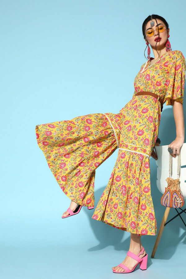Yufta Women Stylish Mustard Printed Elevated Jumpsuit