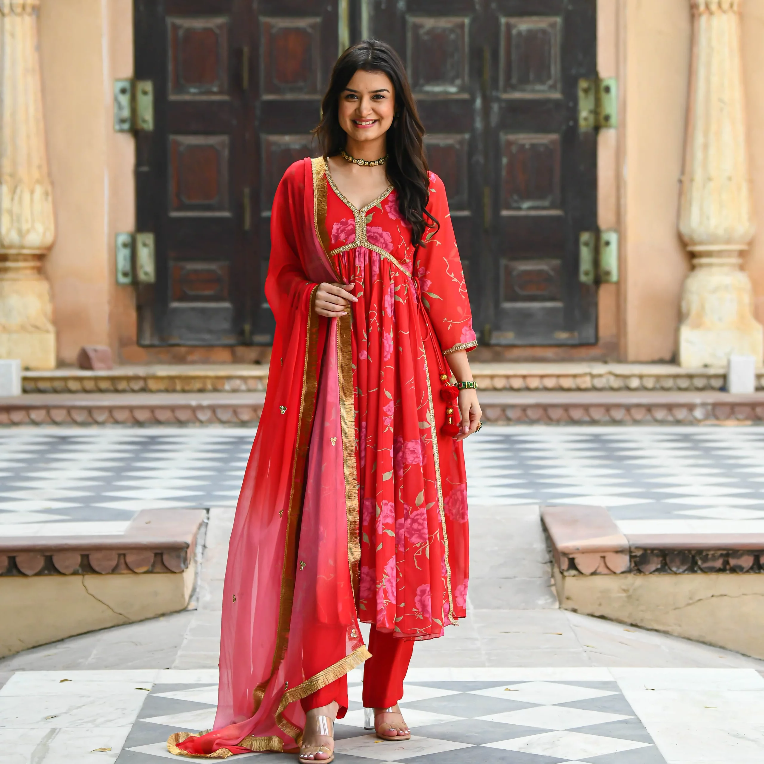 Bright Red Floral Print Salwar  Absolutely Desi