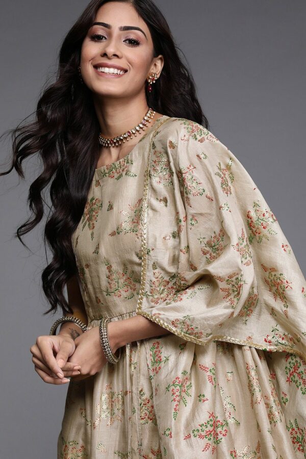 Libas Women Beige Floral Printed Regular Kurta with Palazzos & With Dupatta