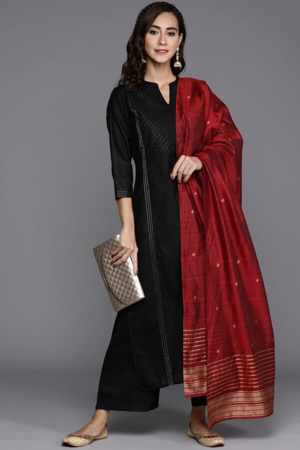 Libas Women Black Pure Cotton Yoke Design Panelled Kurta with Palazzos & Dupatta