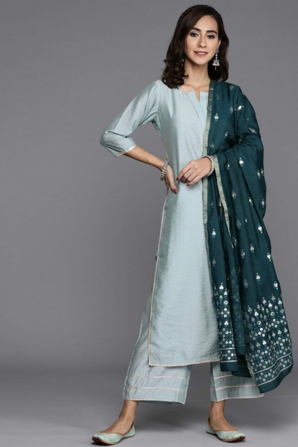 Libas Women Blue Chanderi Silk Gotta Patti Kurta with Palazzos & Dupatta