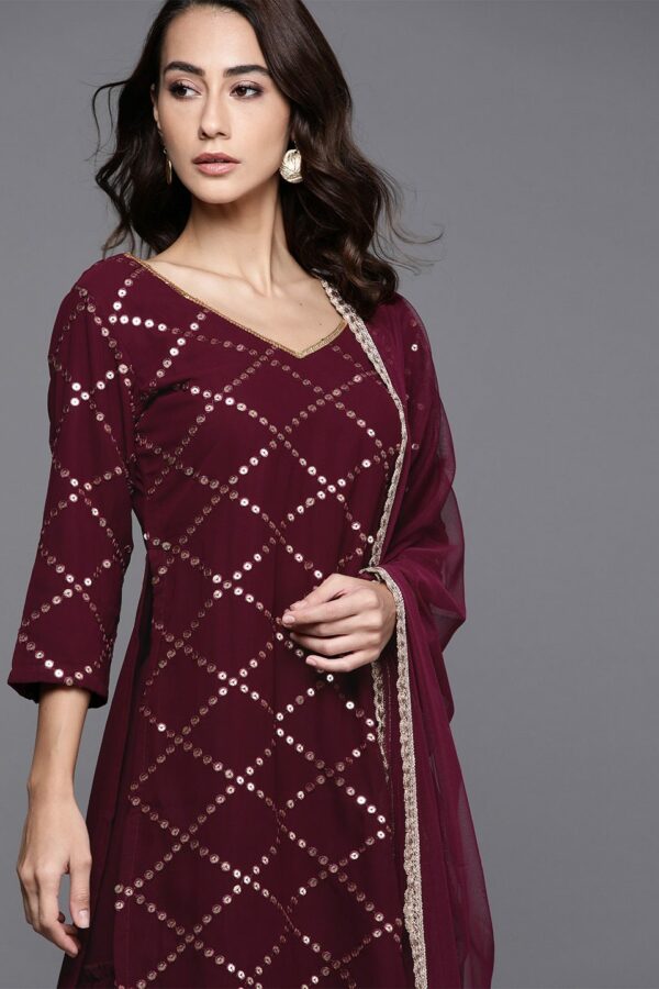 Libas Women Burgundy Embroidered Sequinned Kurta with Sharara & Dupatta