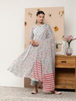 Libas Women Floral Printed Pleated Gotta Patti Pure Cotton Kurta with Trousers & Dupatta