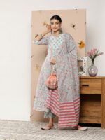 Libas Women Floral Printed Pleated Gotta Patti Pure Cotton Kurta with Trousers & Dupatta - Image 4