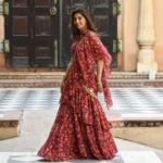 Maroon Floral Fusion Saree - Image 3