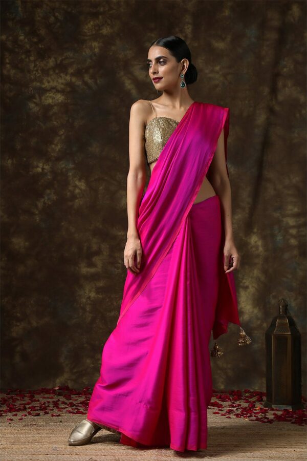 Swtantra Pink & Red Satin Saree