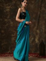 Swtantra Teal Blue Solid Satin Saree - Image 2