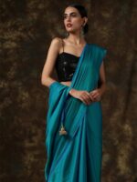 Swtantra Teal Blue Solid Satin Saree - Image 5