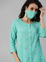 Ishin Ethnic Motifs Printed Mirror Work Pure Cotton Kurta with Trousers & Mask - Image 2