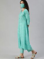 Ishin Ethnic Motifs Printed Mirror Work Pure Cotton Kurta with Trousers & Mask - Image 5