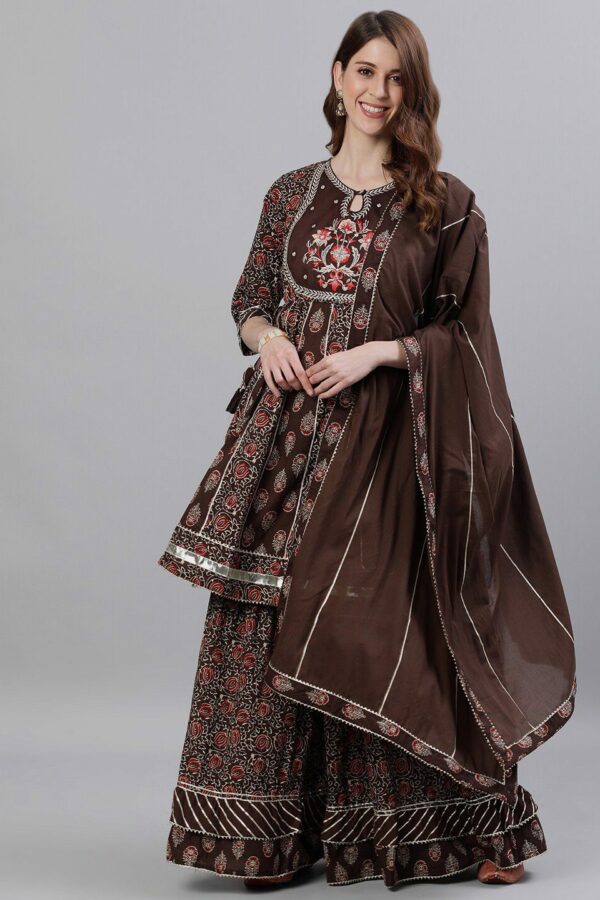 Ishin Floral Printed Empire Gotta Patti Pure Cotton Kurta with Sharara & With Dupatta