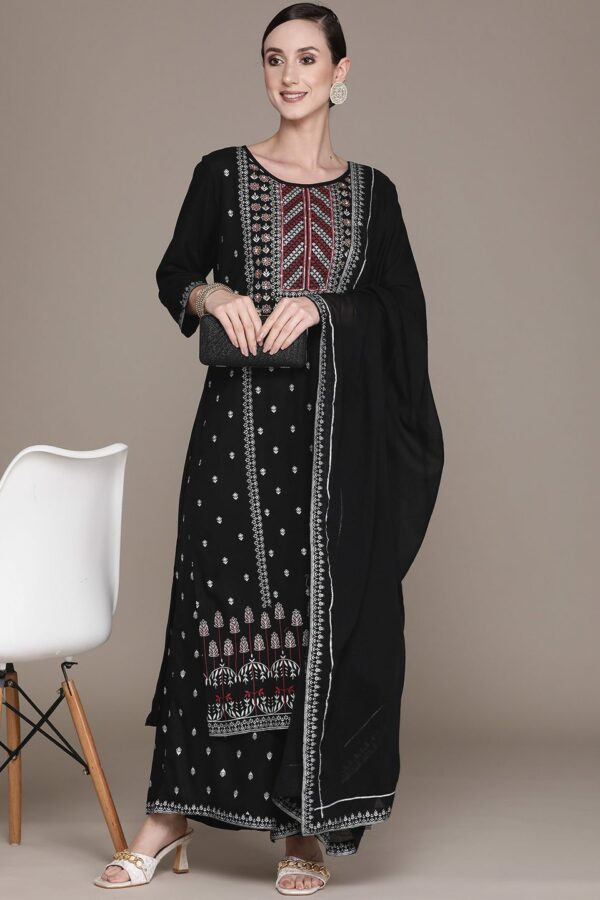 Ishin Women Black Floral Embroidered Beads and Stones Kurta with Palazzos & With Dupatta