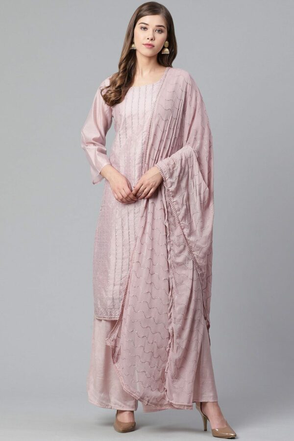 Ishin Women Embroidered Sequinned Chanderi Silk Kurta with Palazzos & Dupatta