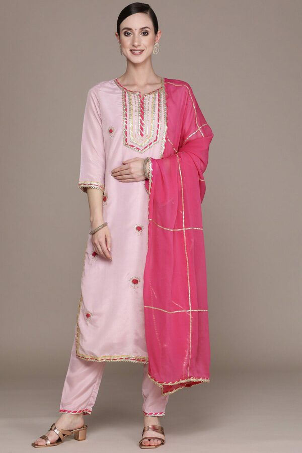 Ishin Women Pink Floral Embroidered Gotta Patti Kurta with Trousers & With Dupatta