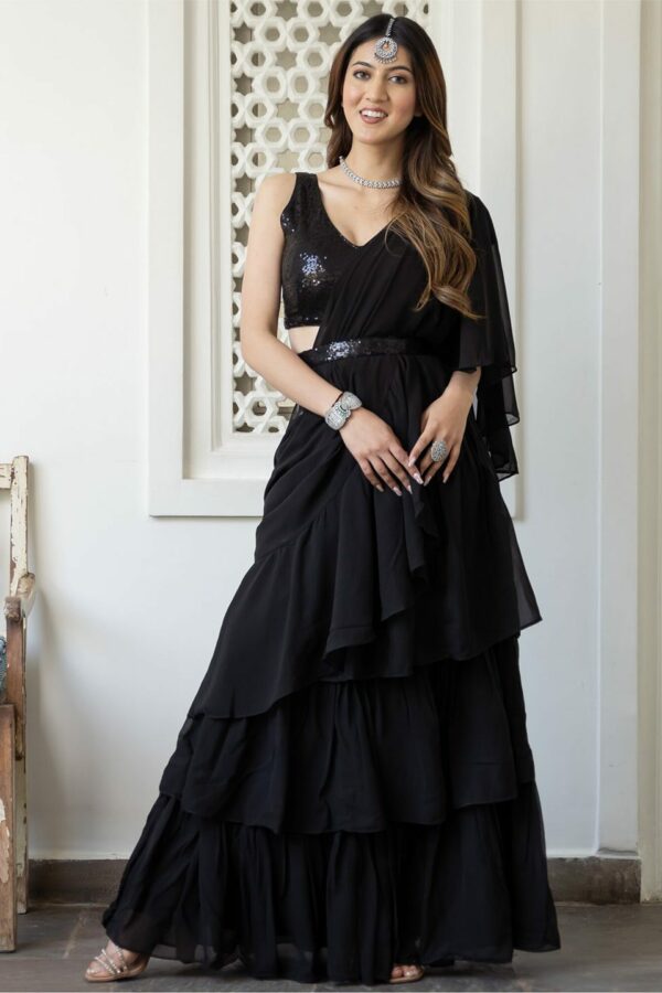 Lavanya The Label Black Ready To Wear Ruffle Saree With Stitched Blouse
