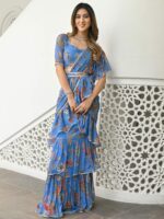 Lavanya The Label Blue & Brown Floral Printed Ruffled Ready To Wear Saree - Image 2